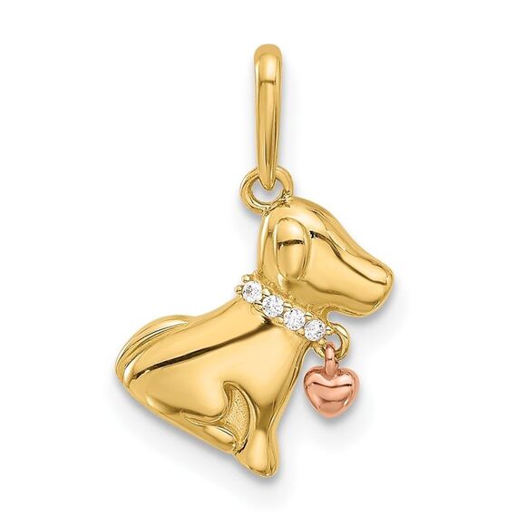 Kazi Luxury 14k Two-tone Polished CZ Dog w/Heart Dangle Pendant